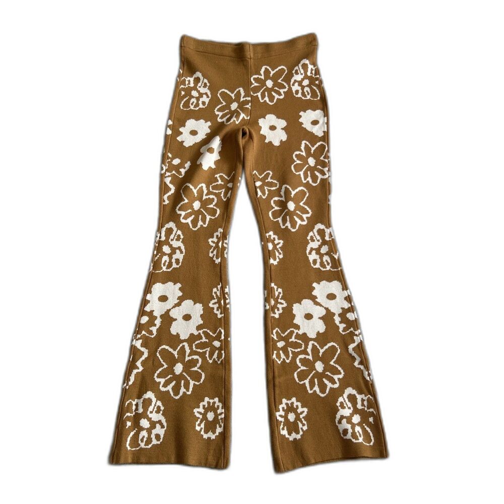 Solai Sweater Pants Womens Medium Flowers 70s Flare Bootcut Stretch Retro Hippie